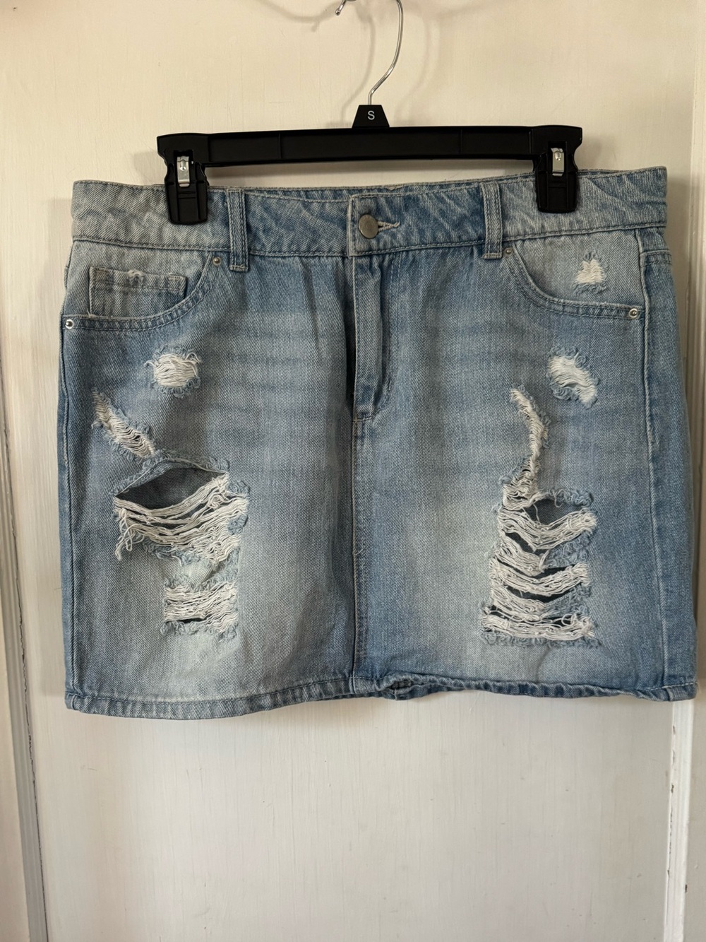 Light Blue Distressed Denim Skirt